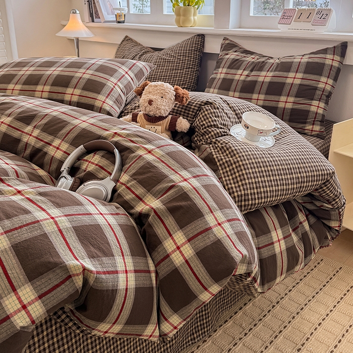 91家纺网 家纺一手货源 找家纺 梦依依 2026新款全棉色织水洗棉拉链款四件套 木槿咖