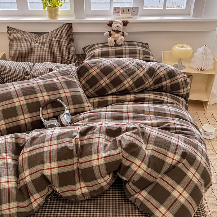 91家纺网 家纺一手货源 找家纺 梦依依 2026新款全棉色织水洗棉拉链款四件套 木槿咖