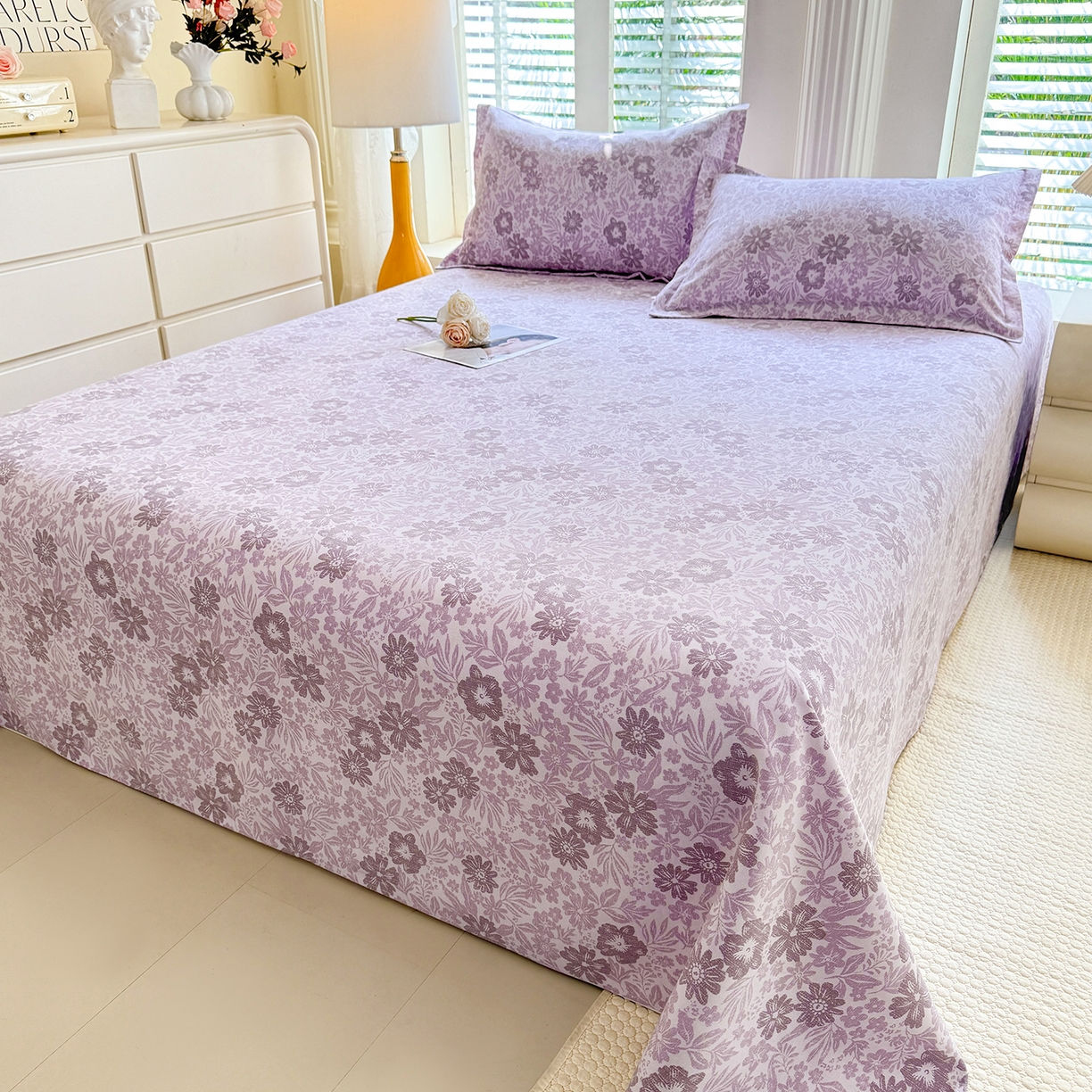 91家纺网 家纺一手货源 找家纺 木易 2026新款原棉老粗布床单凉席三件套 初恋旋律-紫