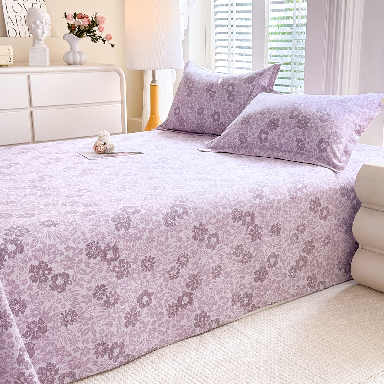 91家纺网 家纺一手货源 找家纺 木易 2026新款原棉老粗布床单凉席三件套 初恋旋律-紫