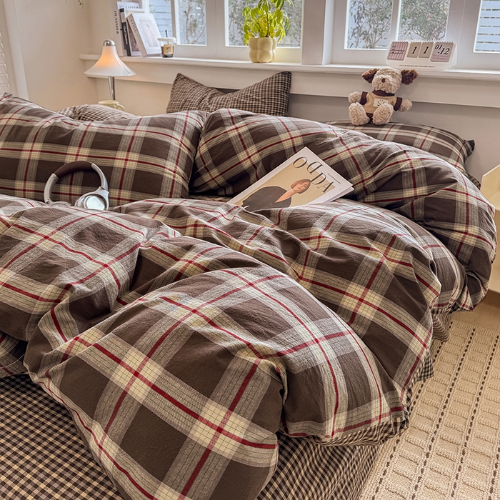 91家纺网 家纺一手货源 找家纺 梦依依 2026新款全棉色织水洗棉拉链款四件套 木槿咖