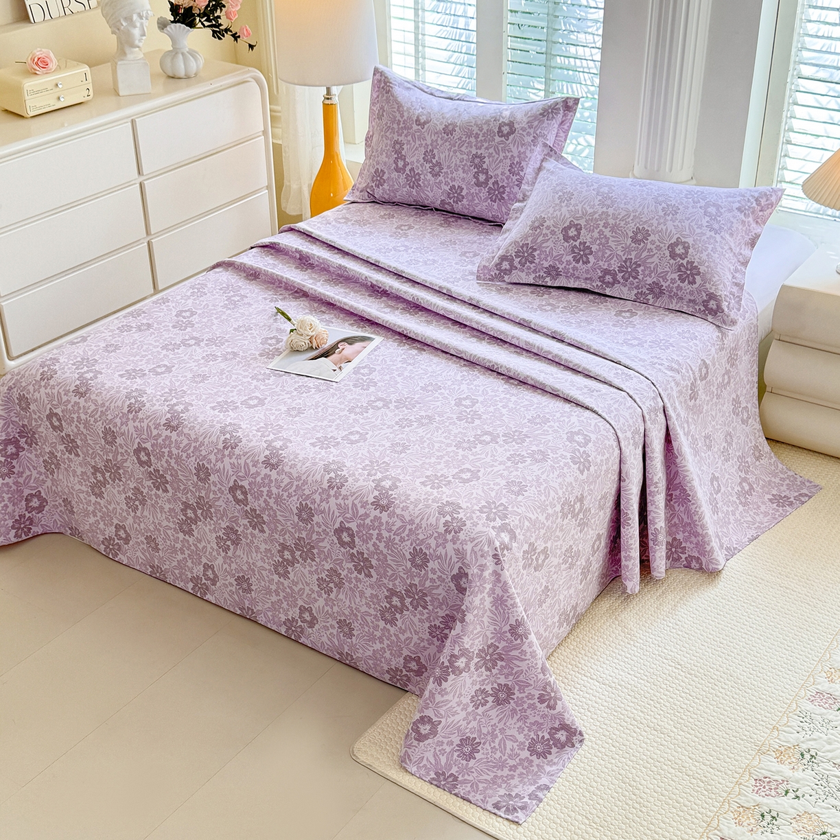 91家纺网 家纺一手货源 找家纺 木易 2026新款原棉老粗布床单凉席三件套 初恋旋律-紫