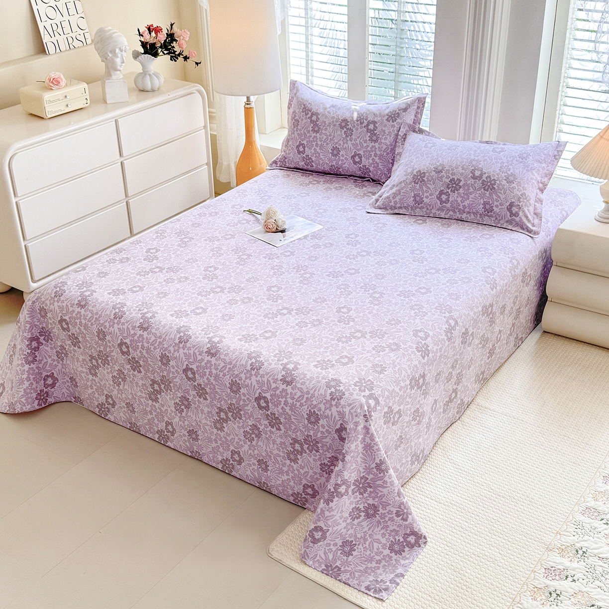 91家纺网 家纺一手货源 找家纺 木易 2026新款原棉老粗布床单凉席三件套 初恋旋律-紫