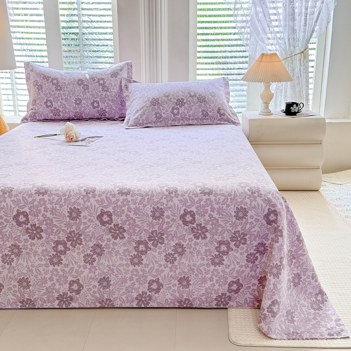 91家纺网 家纺一手货源 找家纺 木易 2026新款原棉老粗布床单凉席三件套 初恋旋律-紫