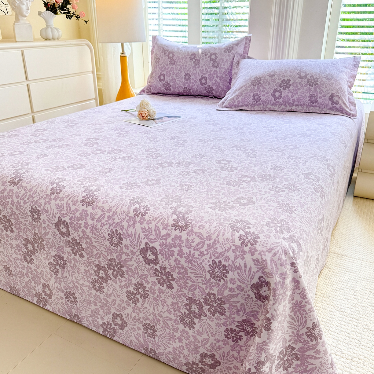 91家纺网 家纺一手货源 找家纺 木易 2026新款原棉老粗布床单凉席三件套 初恋旋律-紫