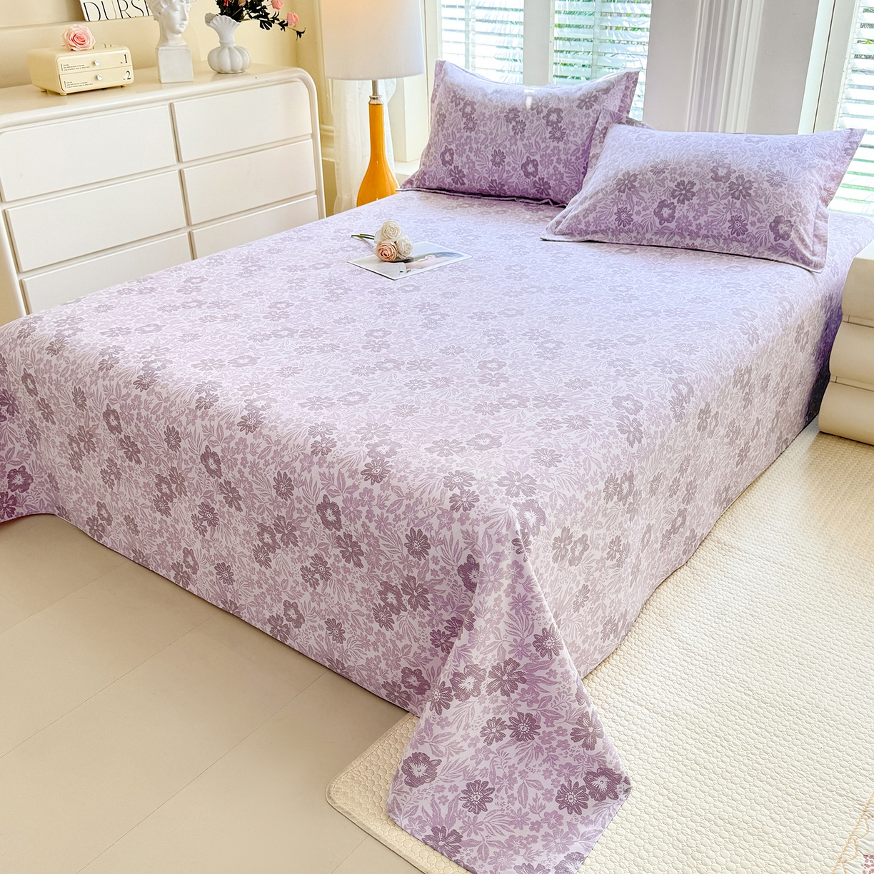 91家纺网 家纺一手货源 找家纺 木易 2026新款原棉老粗布床单凉席三件套 初恋旋律-紫