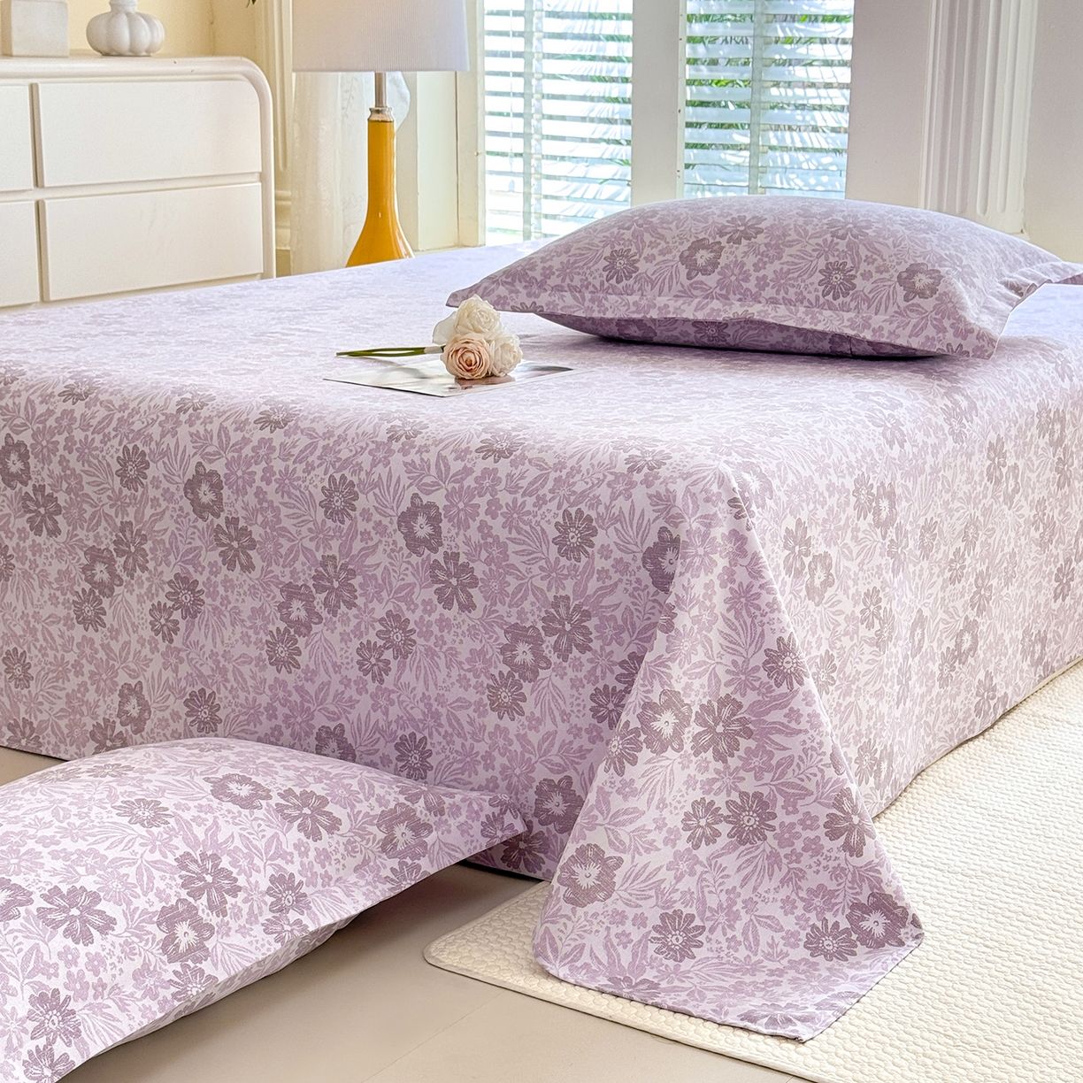 91家纺网 家纺一手货源 找家纺 木易 2026新款原棉老粗布床单凉席三件套 初恋旋律-紫