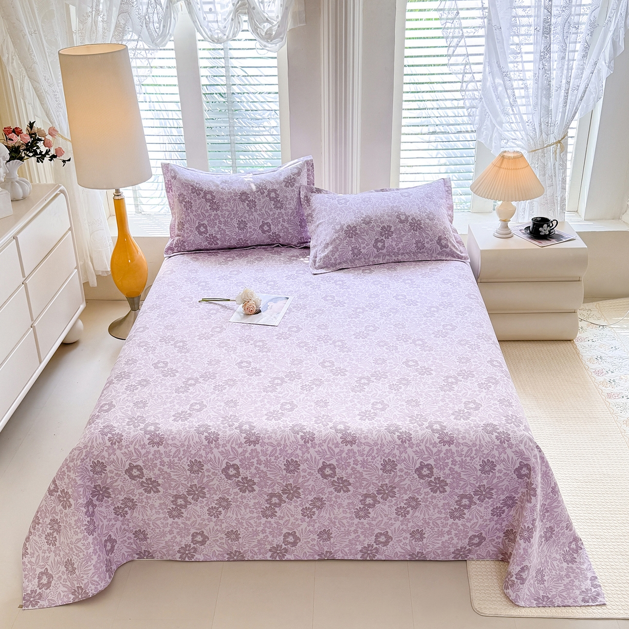 91家纺网 家纺一手货源 找家纺 木易 2026新款原棉老粗布床单凉席三件套 初恋旋律-紫