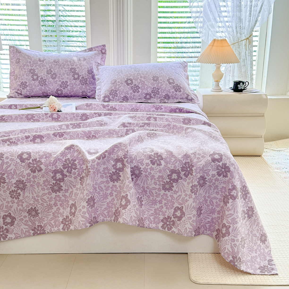 91家纺网 家纺一手货源 找家纺 木易 2026新款原棉老粗布床单凉席三件套 初恋旋律-紫