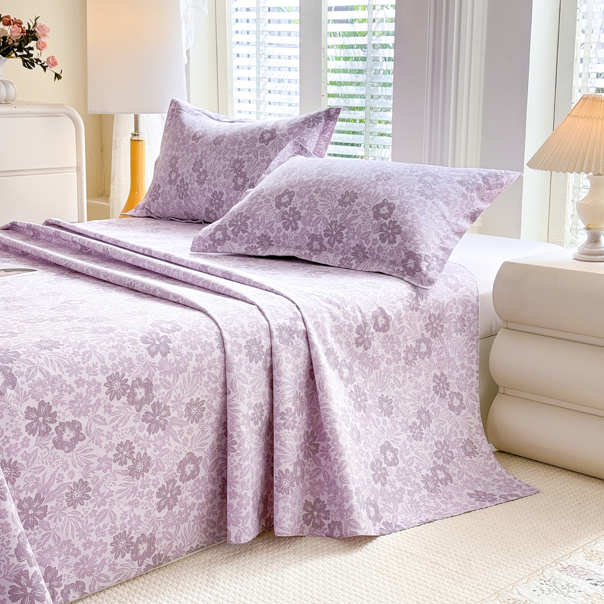 91家纺网 家纺一手货源 找家纺 木易 2026新款原棉老粗布床单凉席三件套 初恋旋律-紫