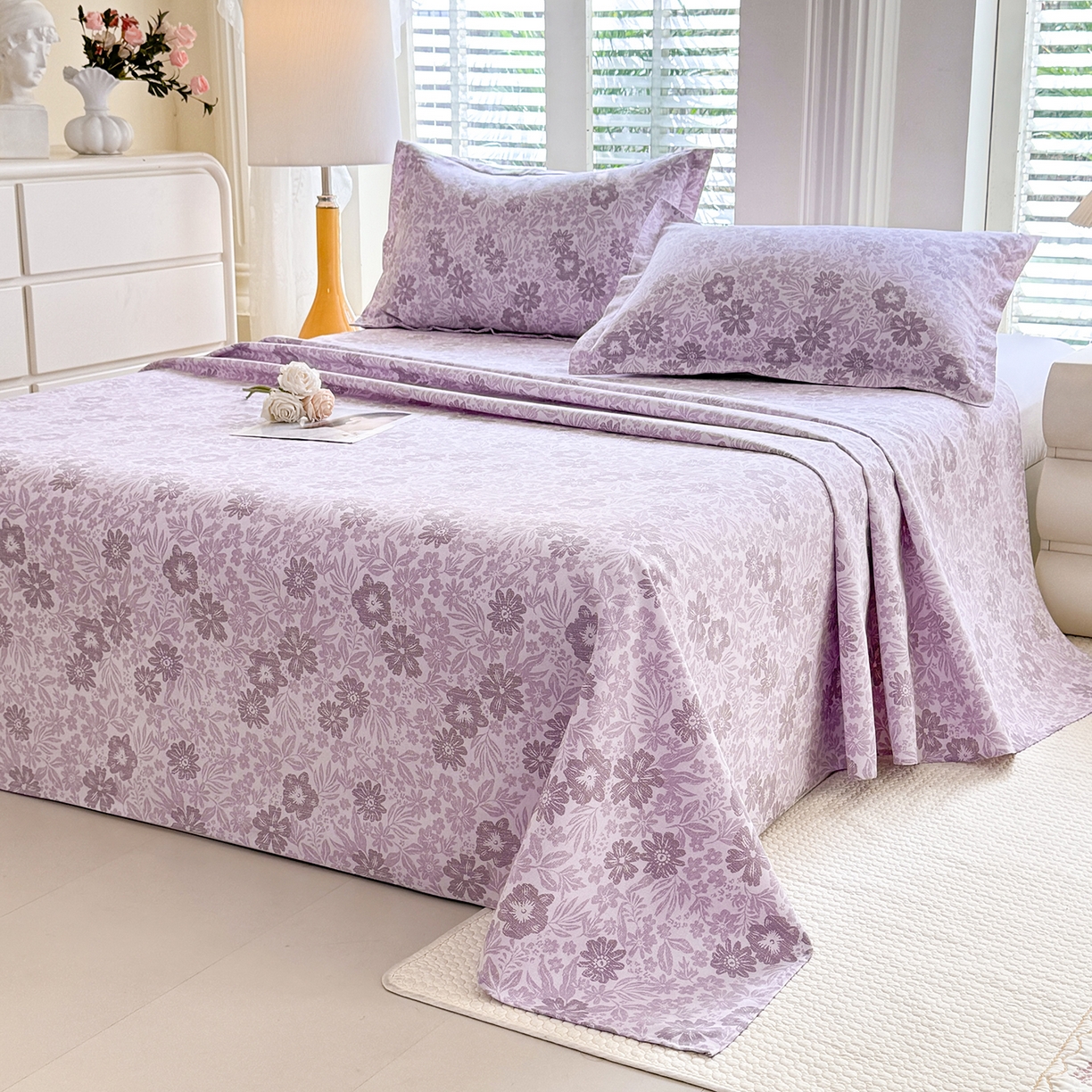 91家纺网 家纺一手货源 找家纺 木易 2026新款原棉老粗布床单凉席三件套 初恋旋律-紫