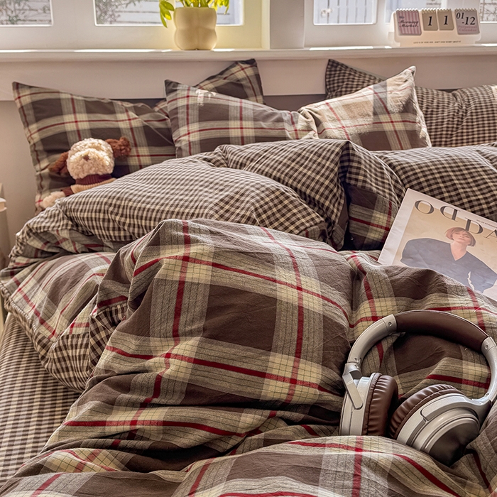 91家纺网 家纺一手货源 找家纺 梦依依 2026新款全棉色织水洗棉拉链款四件套 木槿咖