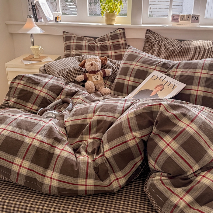 91家纺网 家纺一手货源 找家纺 梦依依 2026新款全棉色织水洗棉拉链款四件套 木槿咖