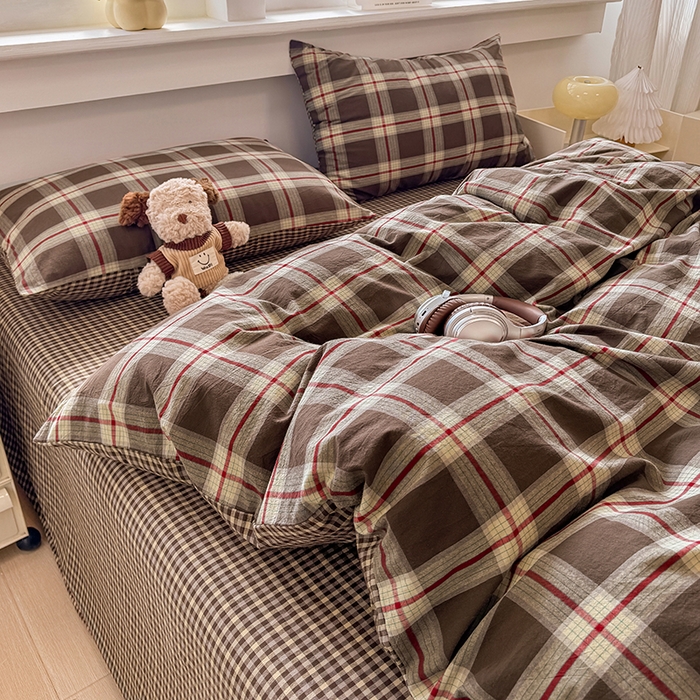 91家纺网 家纺一手货源 找家纺 梦依依 2026新款全棉色织水洗棉拉链款四件套 木槿咖