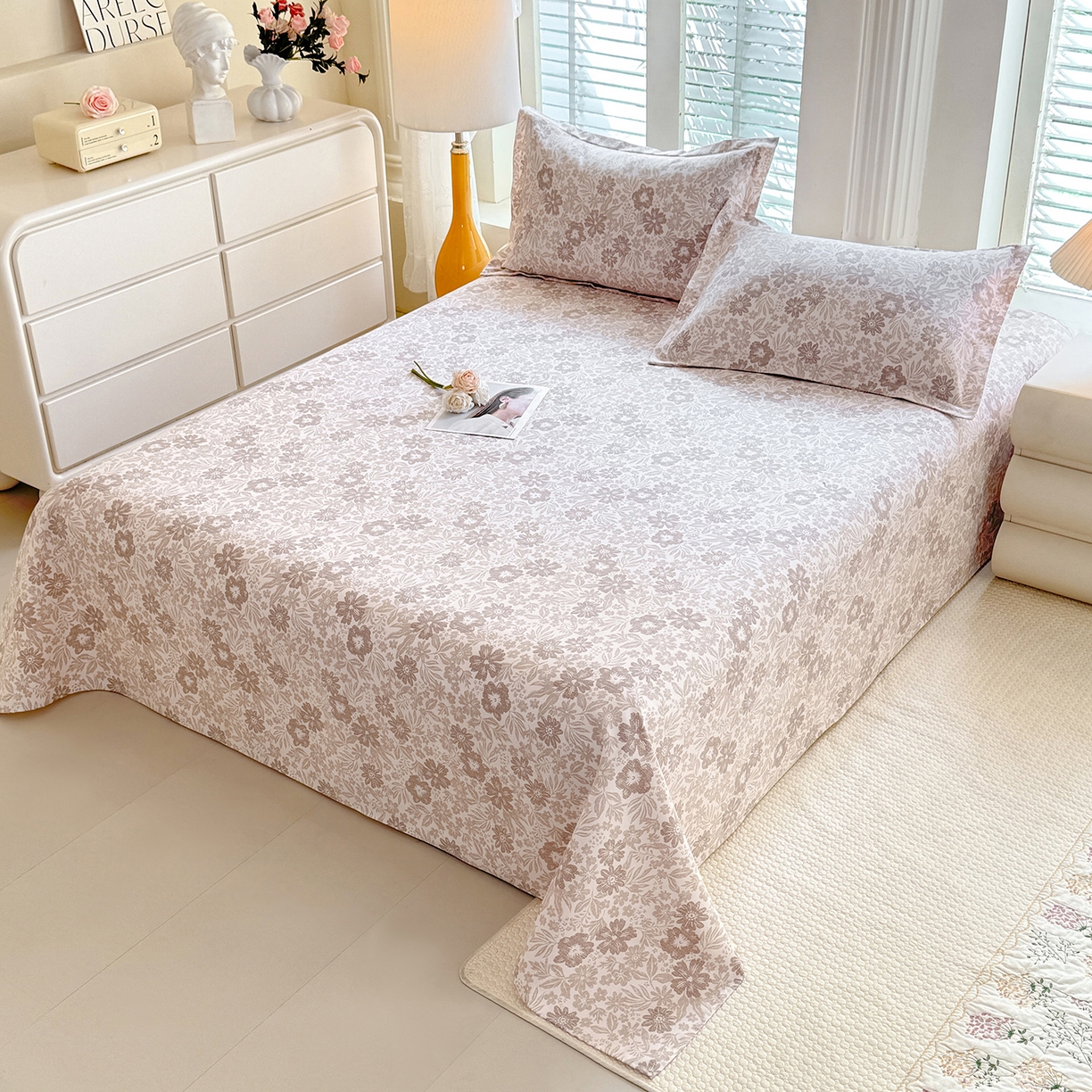 91家纺网 家纺一手货源 找家纺 木易家居 2026新款原棉老粗布床单凉席三件套 初恋旋律-棕