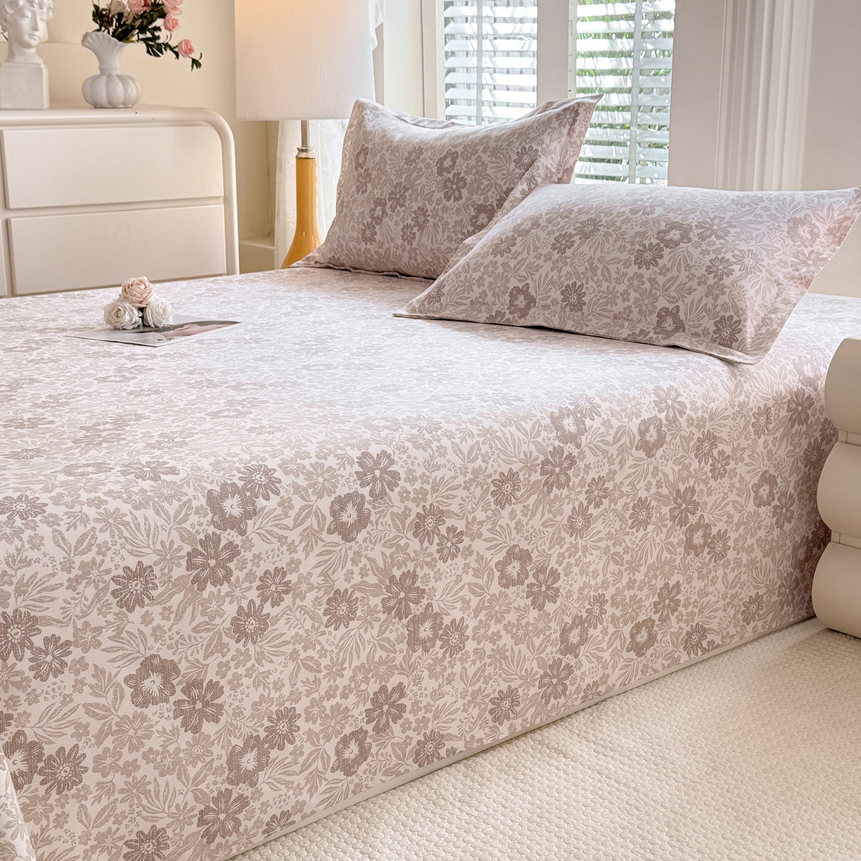 91家纺网 家纺一手货源 找家纺 木易家居 2026新款原棉老粗布床单凉席三件套 初恋旋律-棕