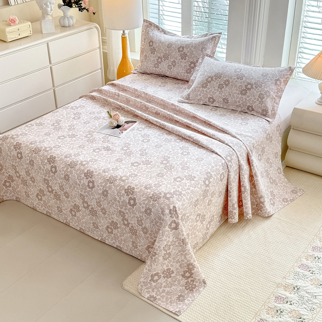 91家纺网 家纺一手货源 找家纺 木易家居 2026新款原棉老粗布床单凉席三件套 初恋旋律-棕