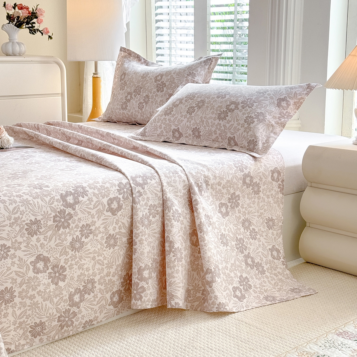 91家纺网 家纺一手货源 找家纺 木易家居 2026新款原棉老粗布床单凉席三件套 初恋旋律-棕