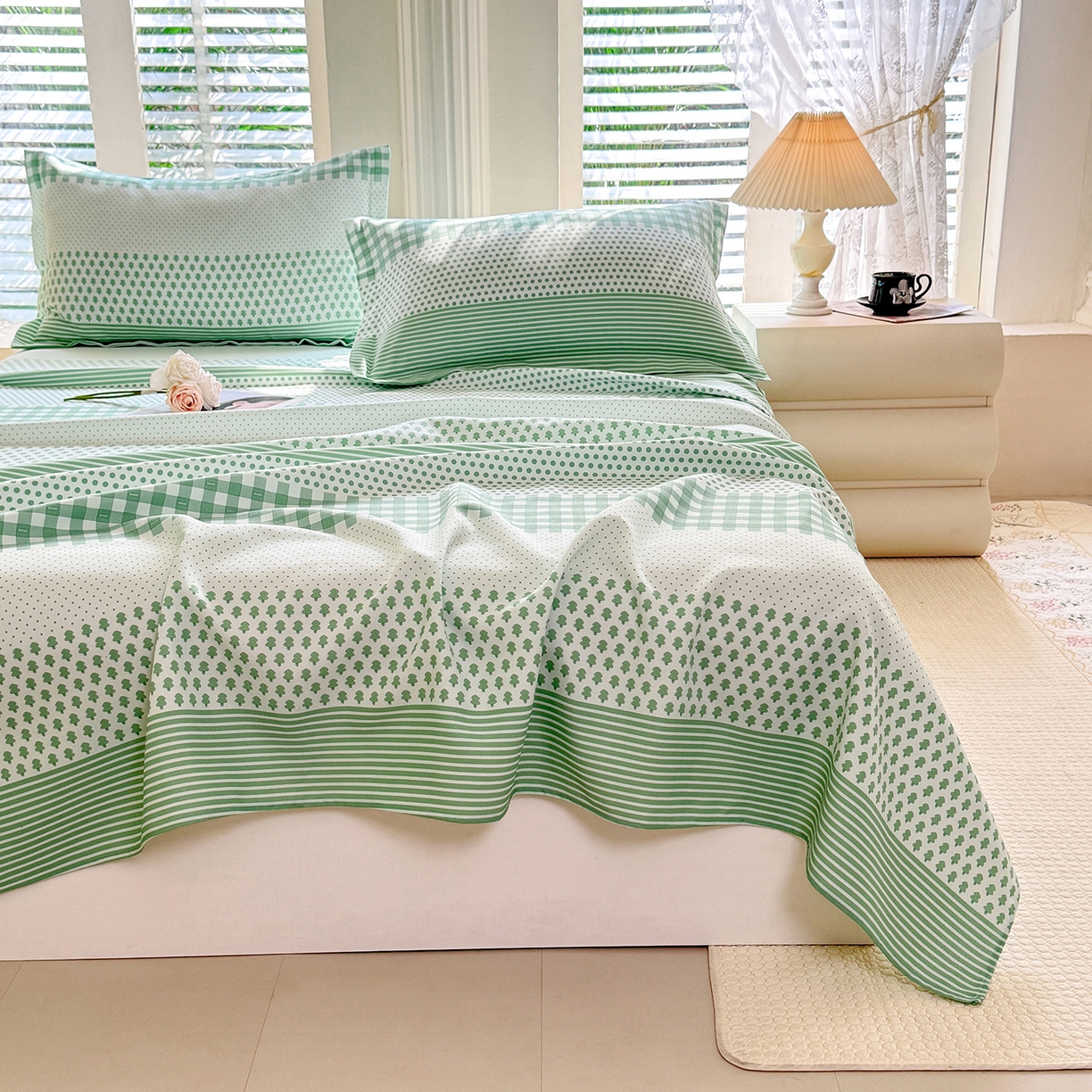 91家纺网 家纺一手货源 找家纺 木易家居 2026新款原棉老粗布床单凉席三件套 都市节拍