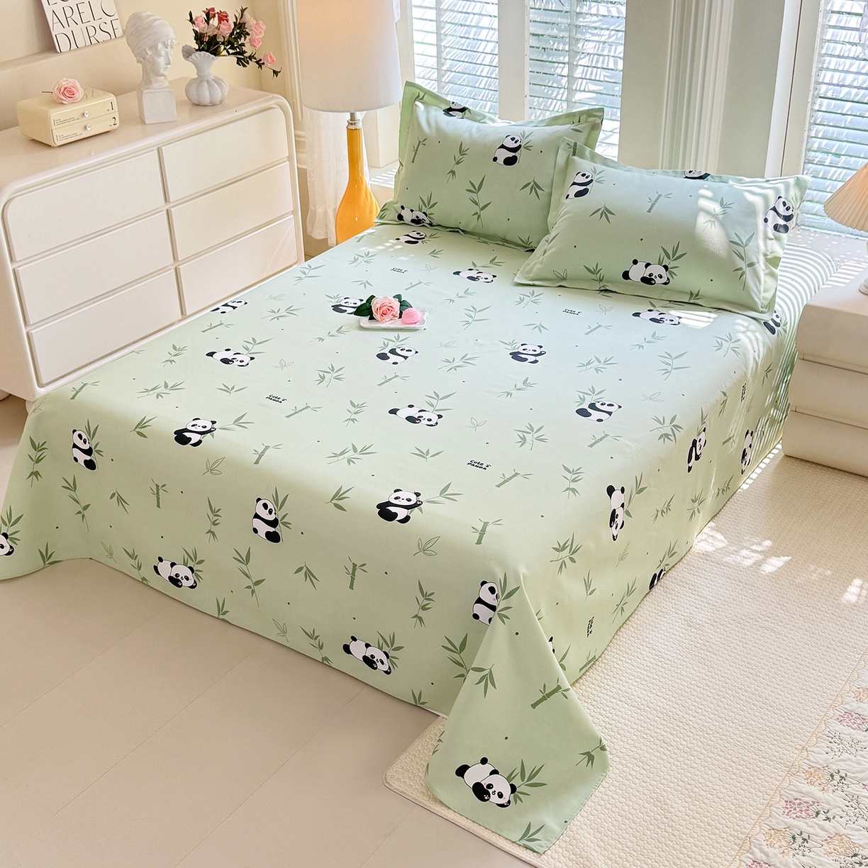 91家纺网 家纺一手货源 找家纺 木易家居 2026新款原棉老粗布床单凉席三件套 憨憨熊