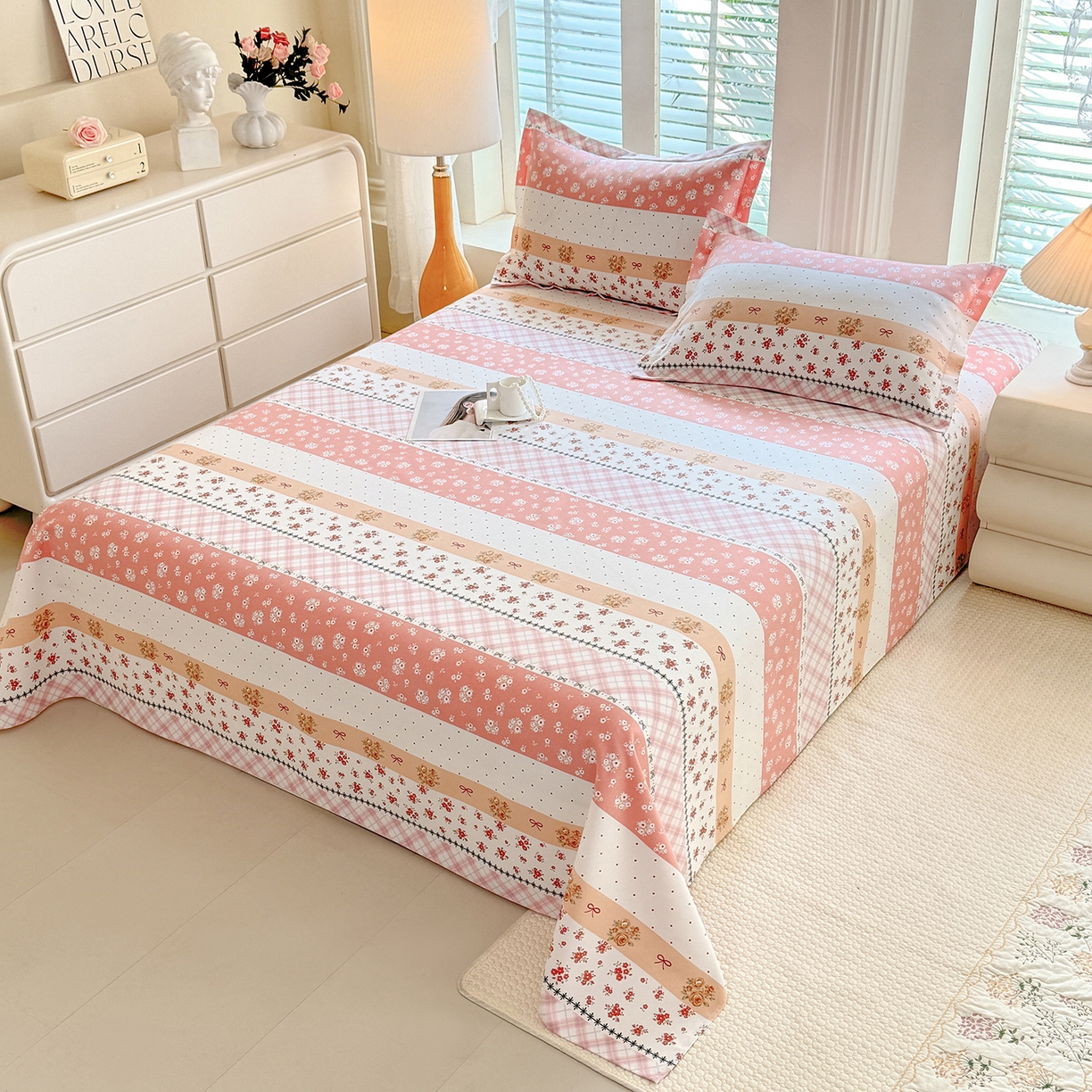 91家纺网 家纺一手货源 找家纺 木易家居 2026新款原棉老粗布床单凉席三件套 花魅影