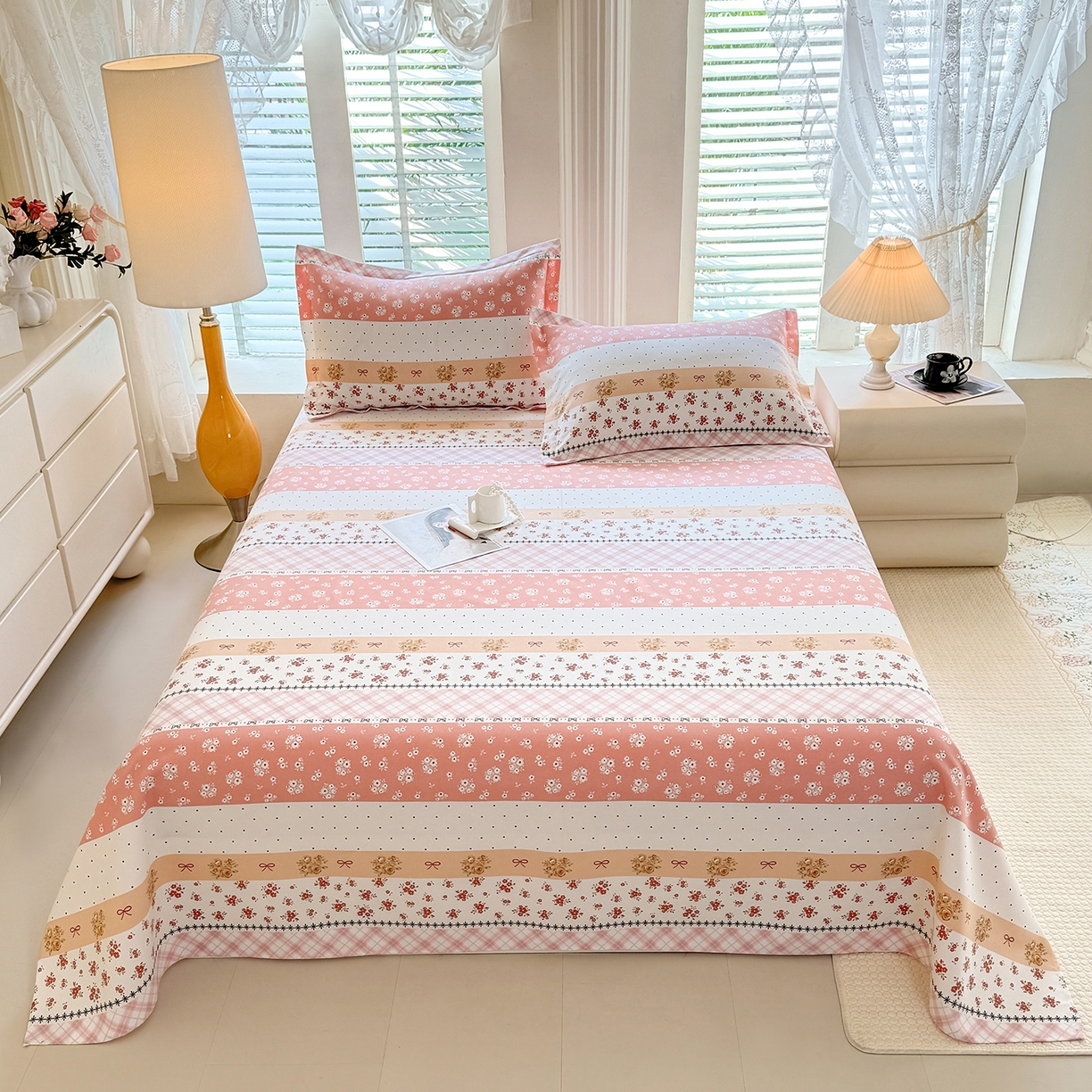 91家纺网 家纺一手货源 找家纺 木易家居 2026新款原棉老粗布床单凉席三件套 花魅影