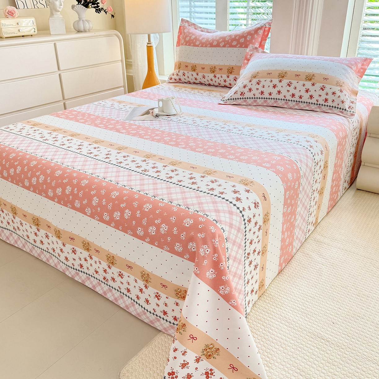 91家纺网 家纺一手货源 找家纺 木易家居 2026新款原棉老粗布床单凉席三件套 花魅影