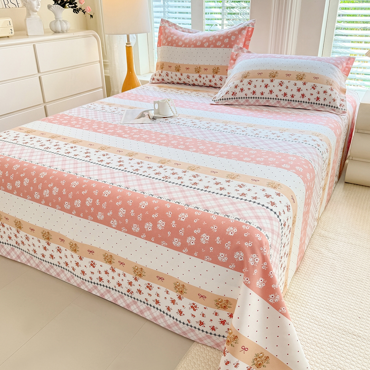 91家纺网 家纺一手货源 找家纺 木易家居 2026新款原棉老粗布床单凉席三件套 花魅影