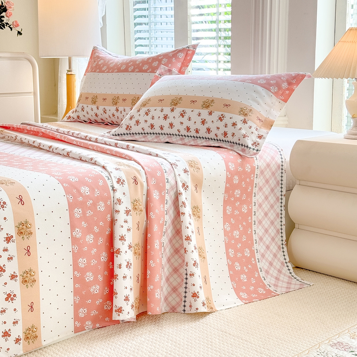 91家纺网 家纺一手货源 找家纺 木易家居 2026新款原棉老粗布床单凉席三件套 花魅影