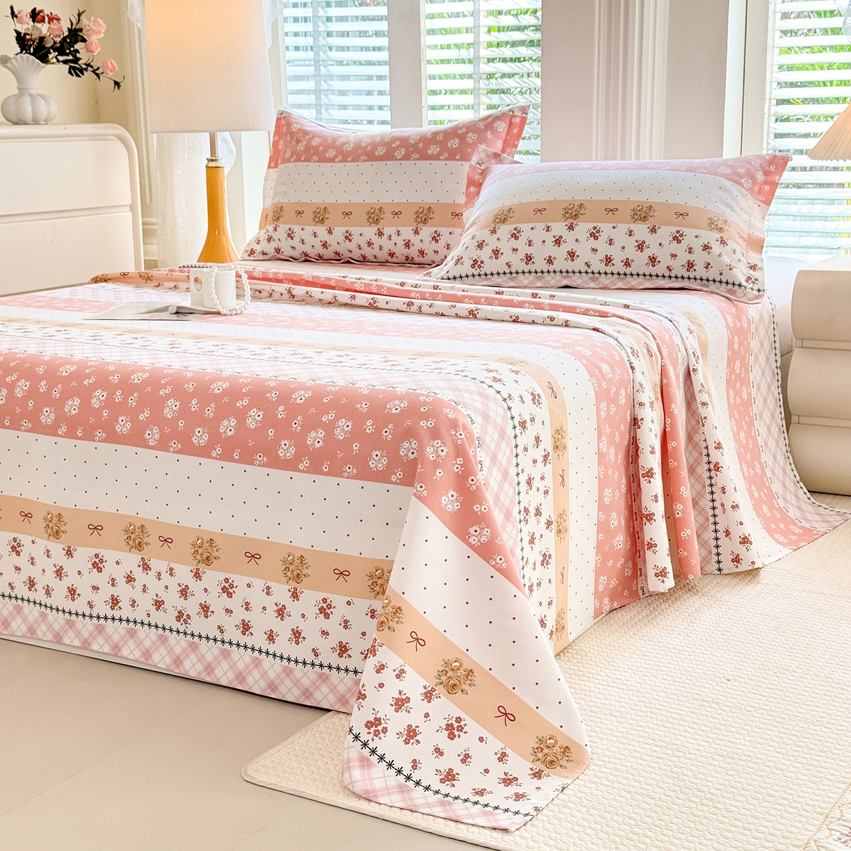 91家纺网 家纺一手货源 找家纺 木易家居 2026新款原棉老粗布床单凉席三件套 花魅影