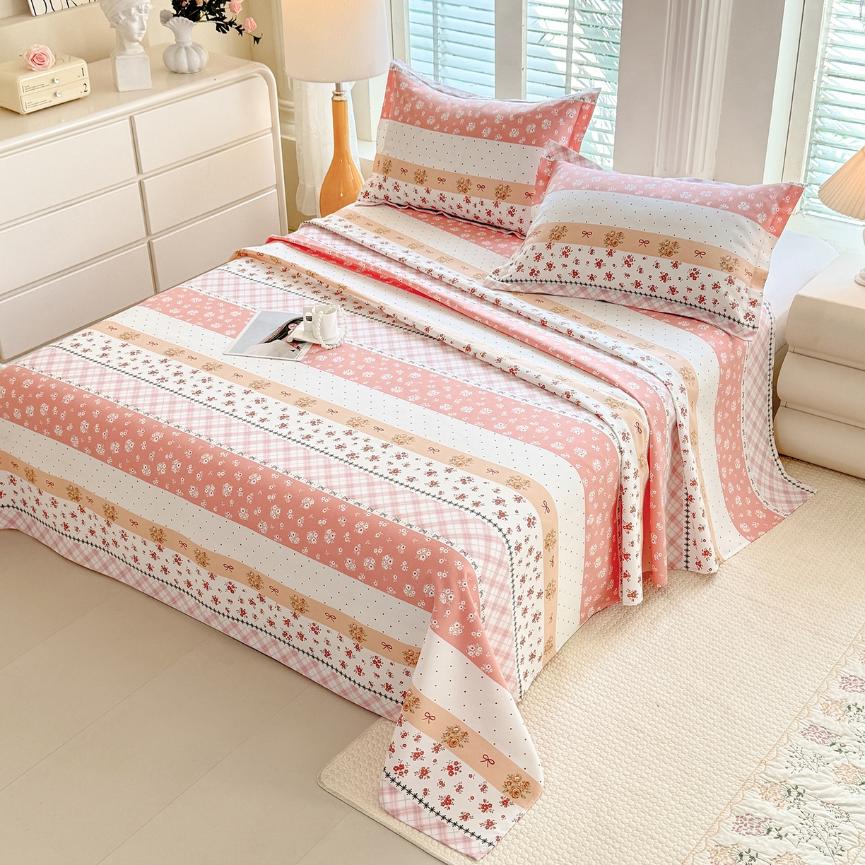 91家纺网 家纺一手货源 找家纺 木易家居 2026新款原棉老粗布床单凉席三件套 花魅影