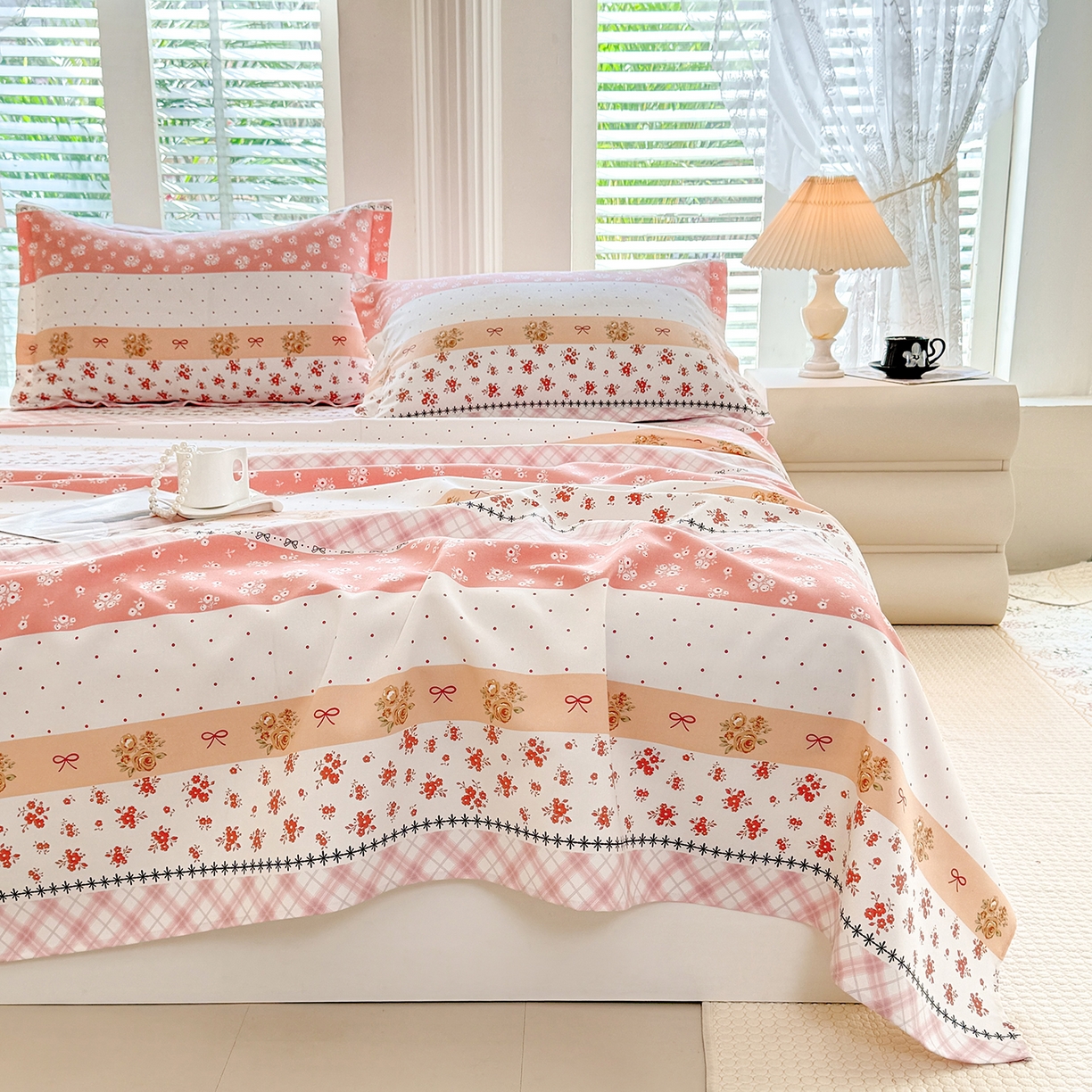 91家纺网 家纺一手货源 找家纺 木易家居 2026新款原棉老粗布床单凉席三件套 花魅影