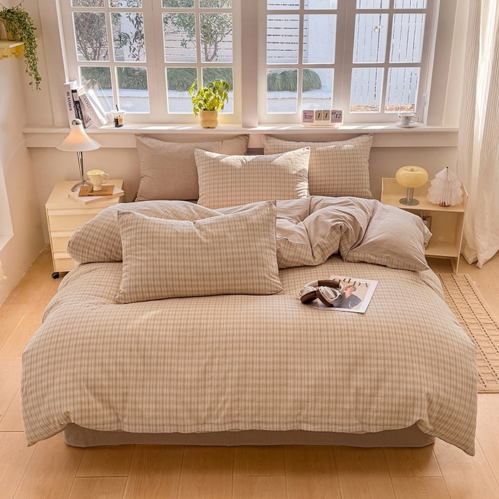 91家纺网 家纺一手货源 找家纺 梦依依 2026新款全棉色织水洗棉拉链款四件套 柠檬卡其