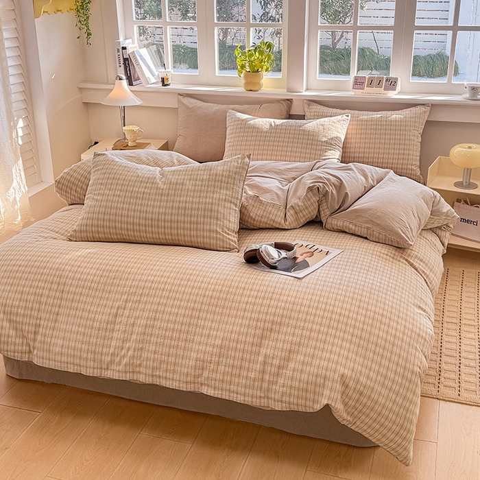 91家纺网 家纺一手货源 找家纺 梦依依 2026新款全棉色织水洗棉拉链款四件套 柠檬卡其