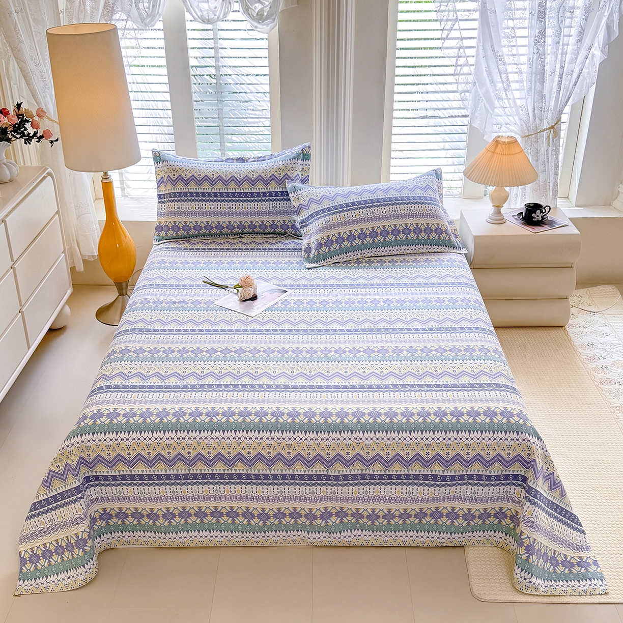 91家纺网 家纺一手货源 找家纺 木易家居 2026新款原棉老粗布床单凉席三件套 魅力欧风