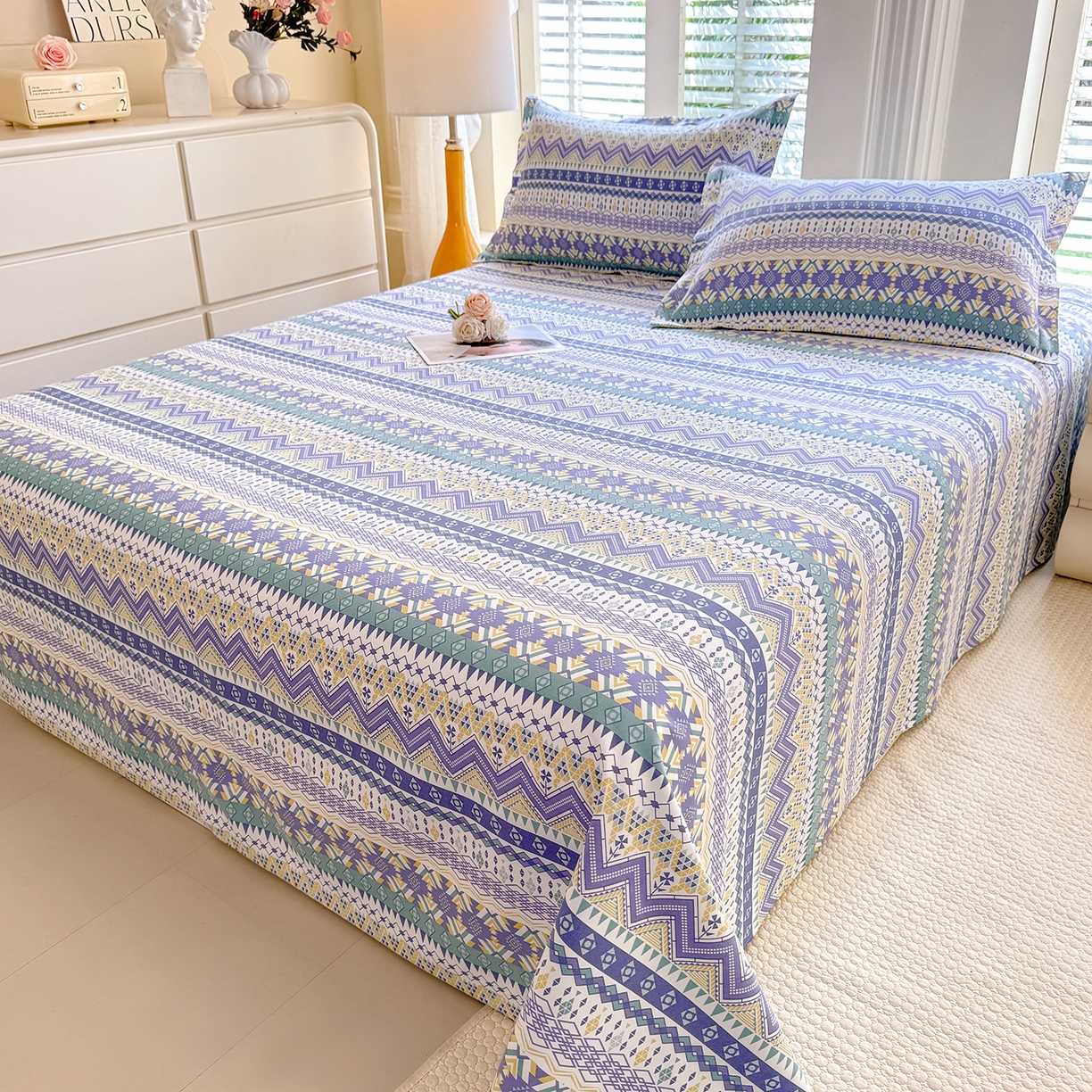 91家纺网 家纺一手货源 找家纺 木易家居 2026新款原棉老粗布床单凉席三件套 魅力欧风