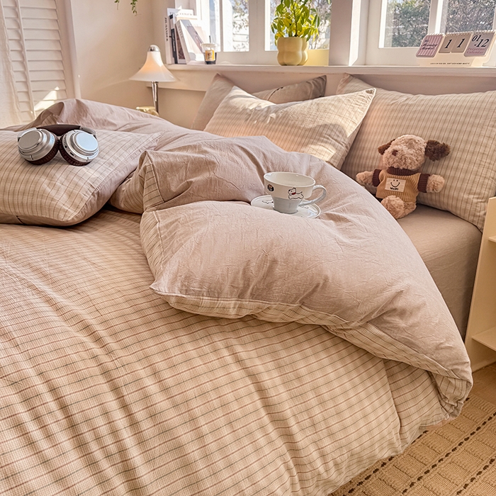 91家纺网 家纺一手货源 找家纺 梦依依 2026新款全棉色织水洗棉拉链款四件套 柠檬卡其