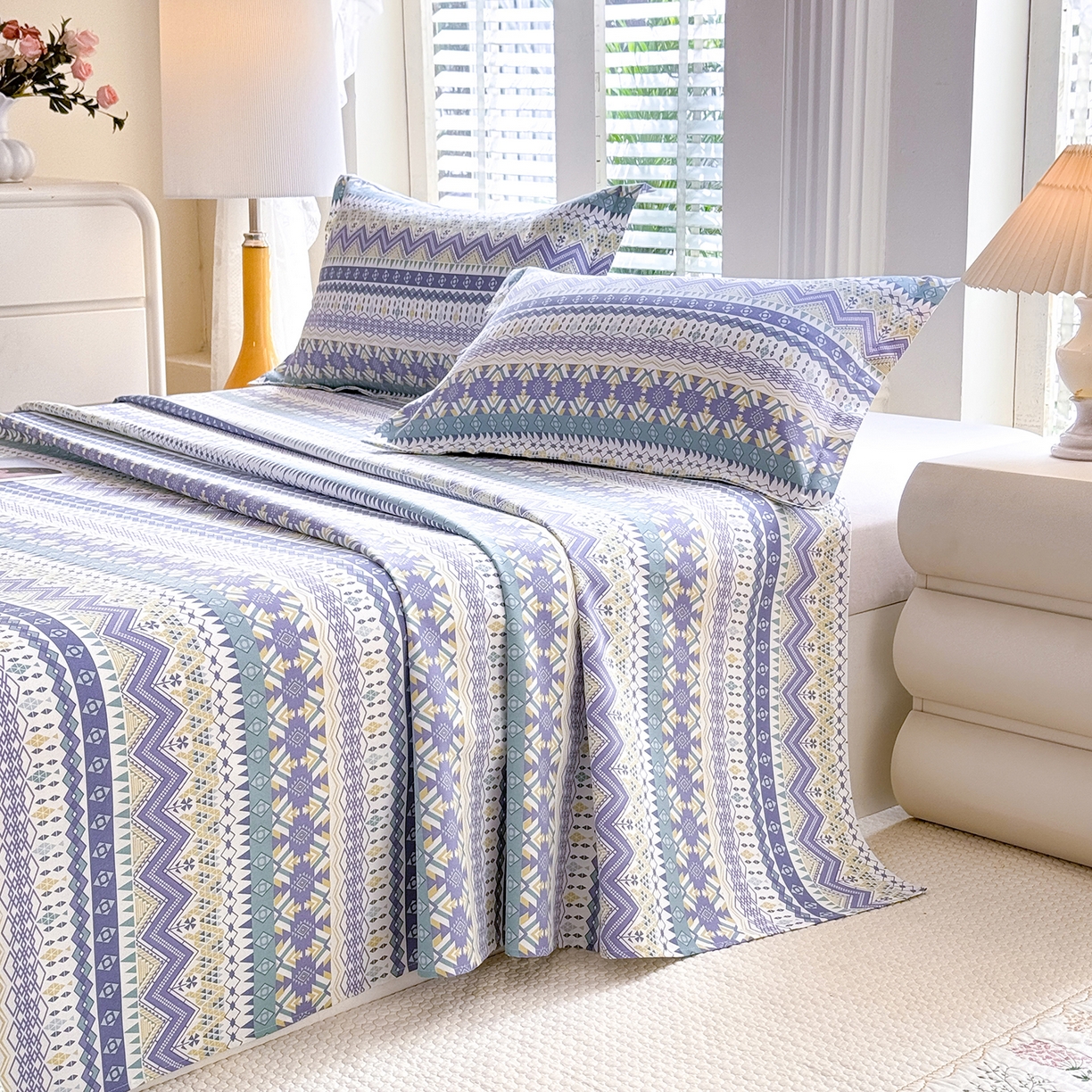 91家纺网 家纺一手货源 找家纺 木易家居 2026新款原棉老粗布床单凉席三件套 魅力欧风