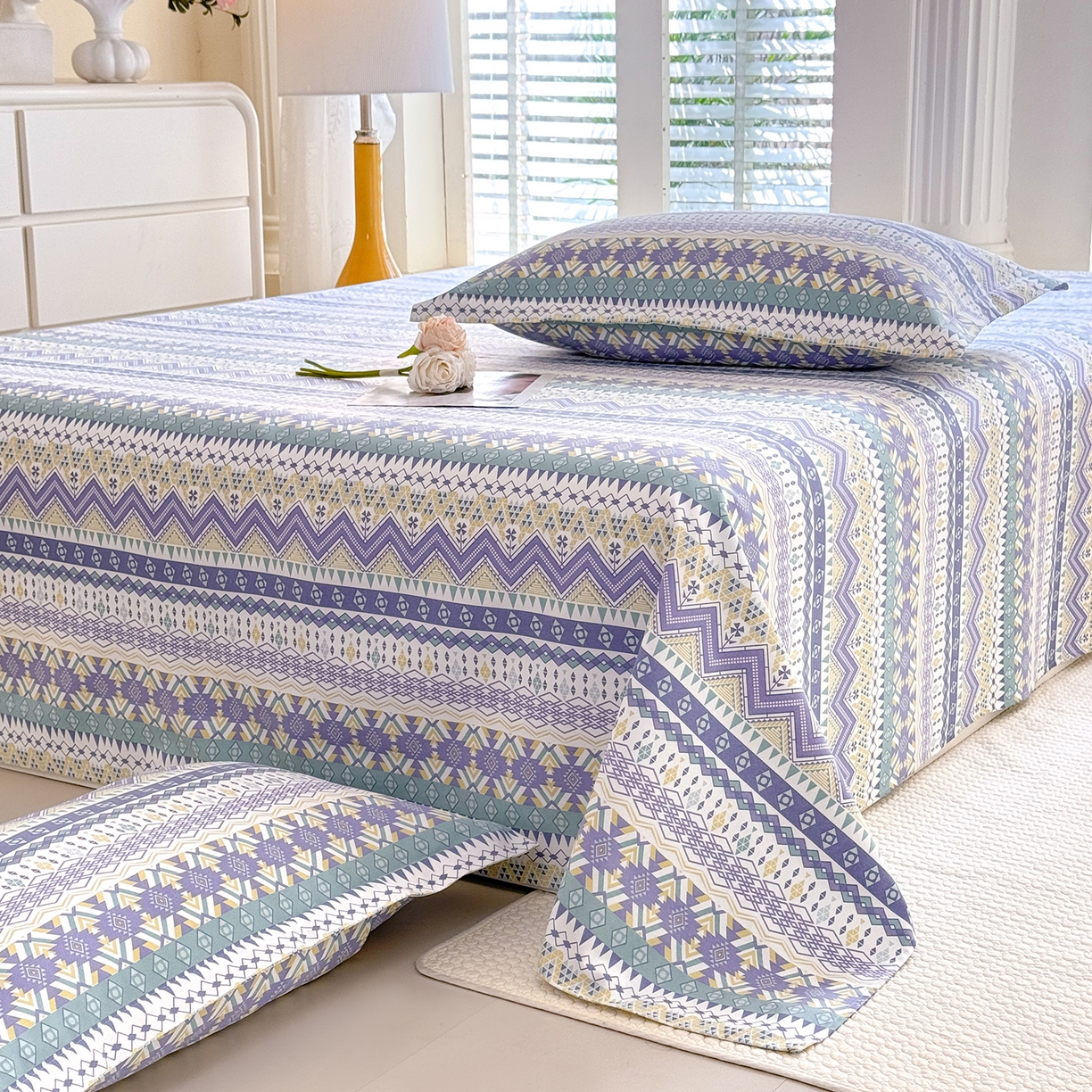 91家纺网 家纺一手货源 找家纺 木易家居 2026新款原棉老粗布床单凉席三件套 魅力欧风