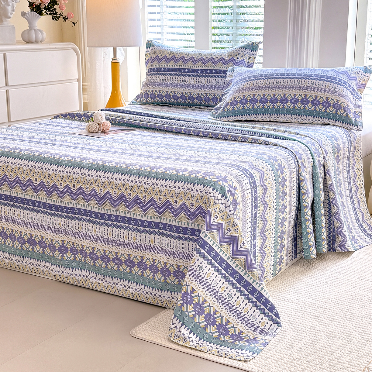 91家纺网 家纺一手货源 找家纺 木易家居 2026新款原棉老粗布床单凉席三件套 魅力欧风