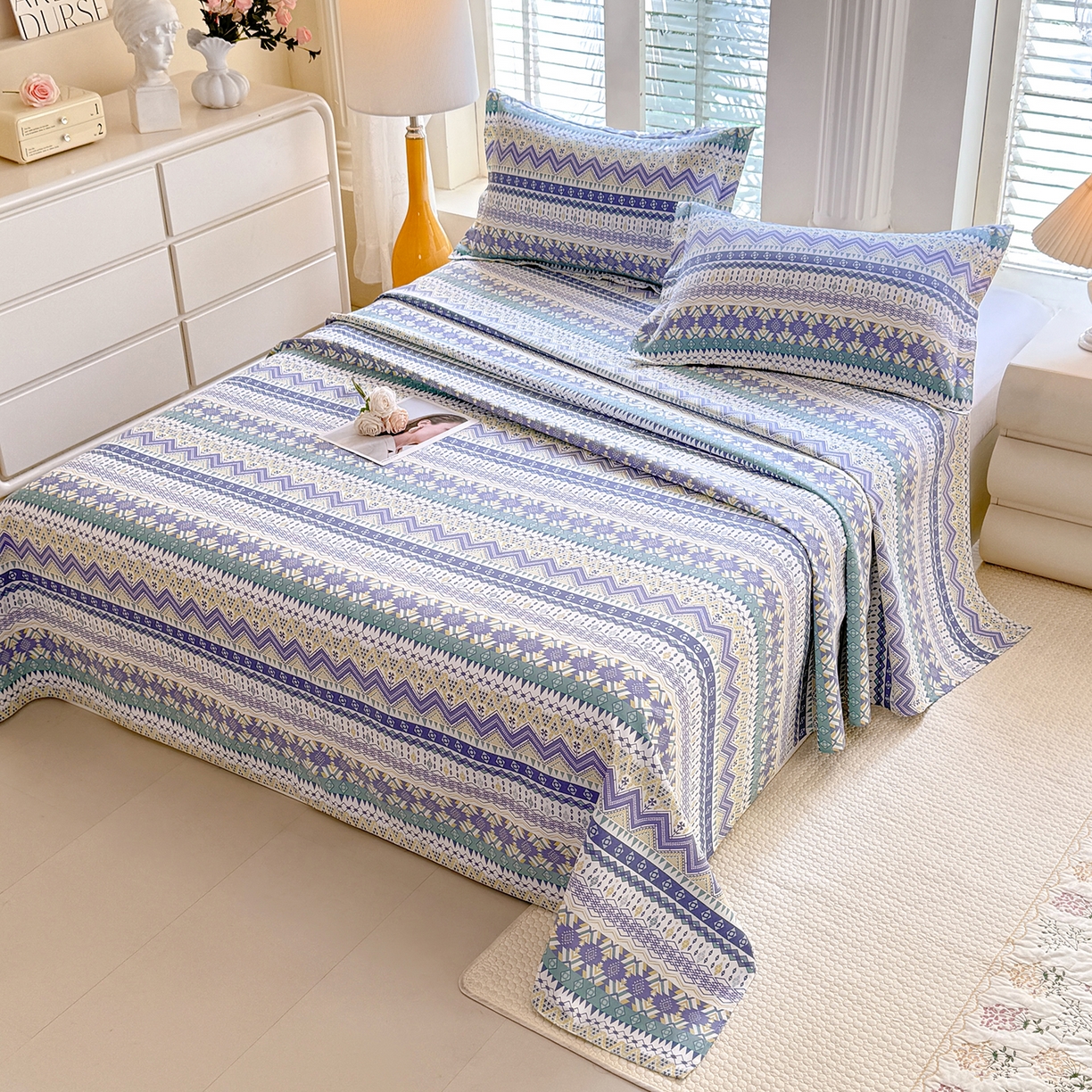 91家纺网 家纺一手货源 找家纺 木易家居 2026新款原棉老粗布床单凉席三件套 魅力欧风