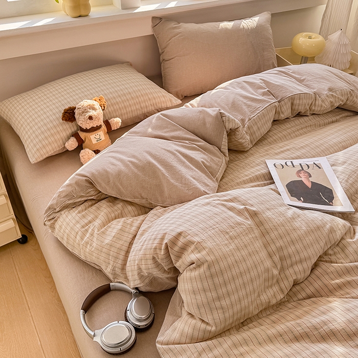 91家纺网 家纺一手货源 找家纺 梦依依 2026新款全棉色织水洗棉拉链款四件套 柠檬卡其