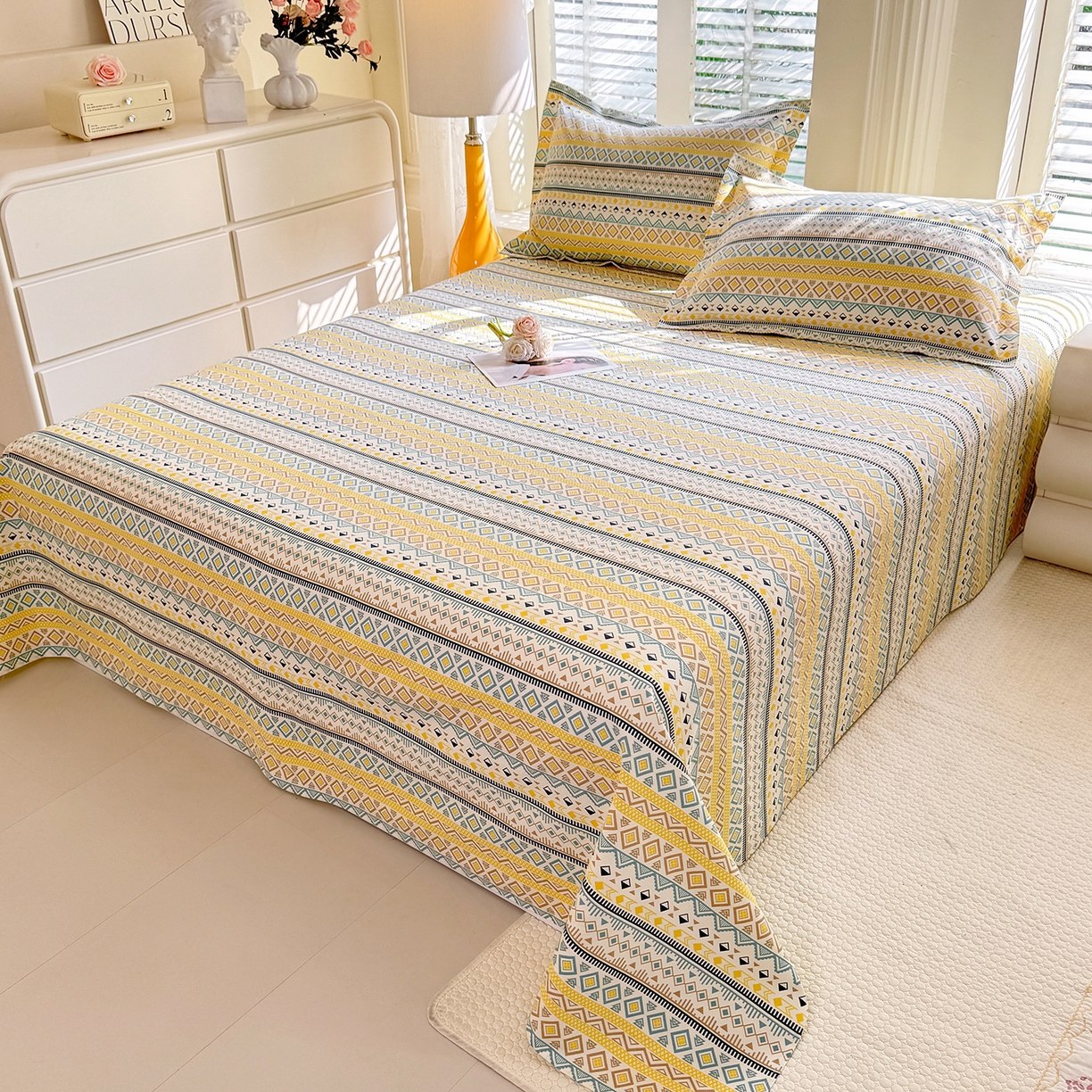 91家纺网 家纺一手货源 找家纺 木易家居 2026新款原棉老粗布床单凉席三件套 梦影