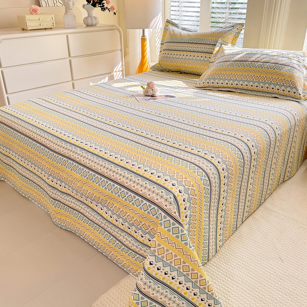 91家纺网 家纺一手货源 找家纺 木易家居 2026新款原棉老粗布床单凉席三件套 梦影