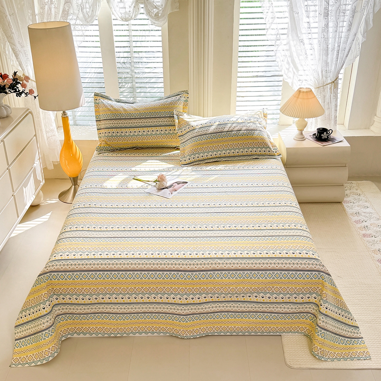 91家纺网 家纺一手货源 找家纺 木易家居 2026新款原棉老粗布床单凉席三件套 梦影