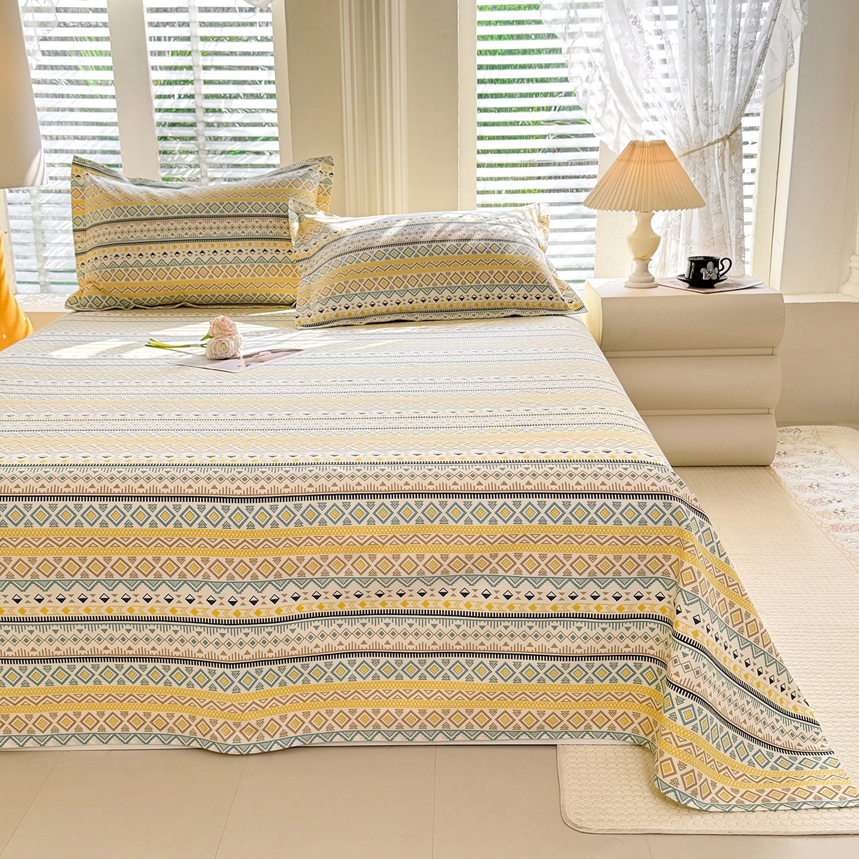 91家纺网 家纺一手货源 找家纺 木易家居 2026新款原棉老粗布床单凉席三件套 梦影