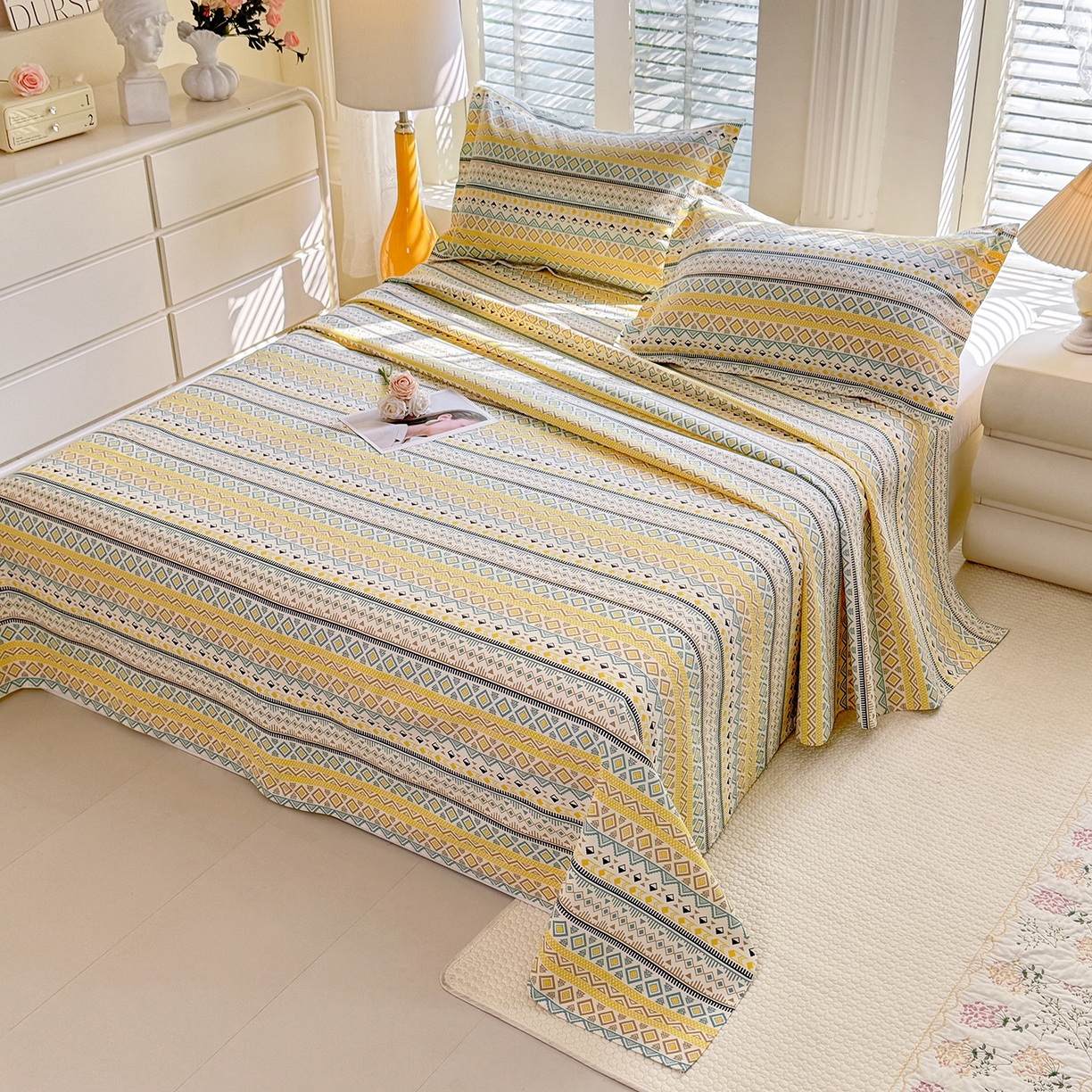 91家纺网 家纺一手货源 找家纺 木易家居 2026新款原棉老粗布床单凉席三件套 梦影