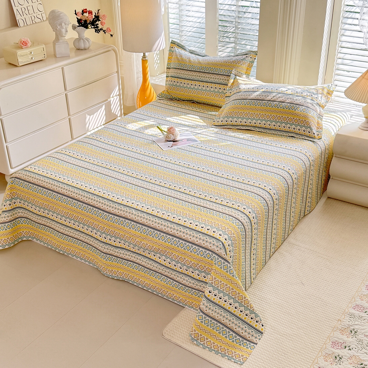 91家纺网 家纺一手货源 找家纺 木易家居 2026新款原棉老粗布床单凉席三件套 梦影