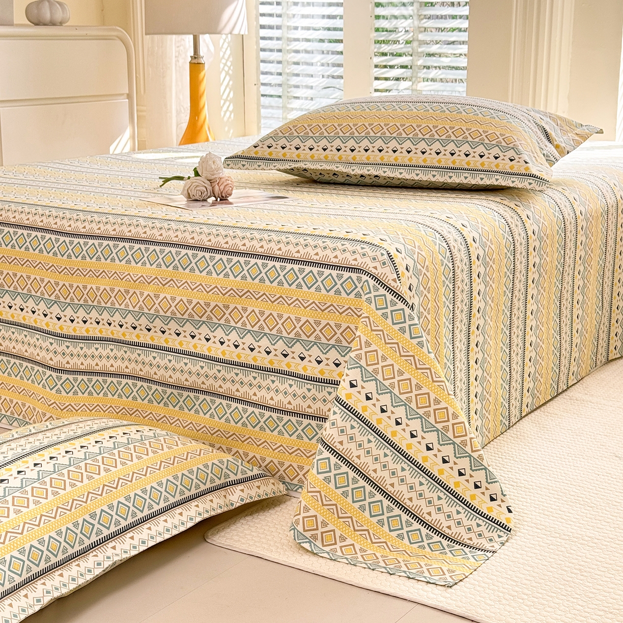 91家纺网 家纺一手货源 找家纺 木易家居 2026新款原棉老粗布床单凉席三件套 梦影