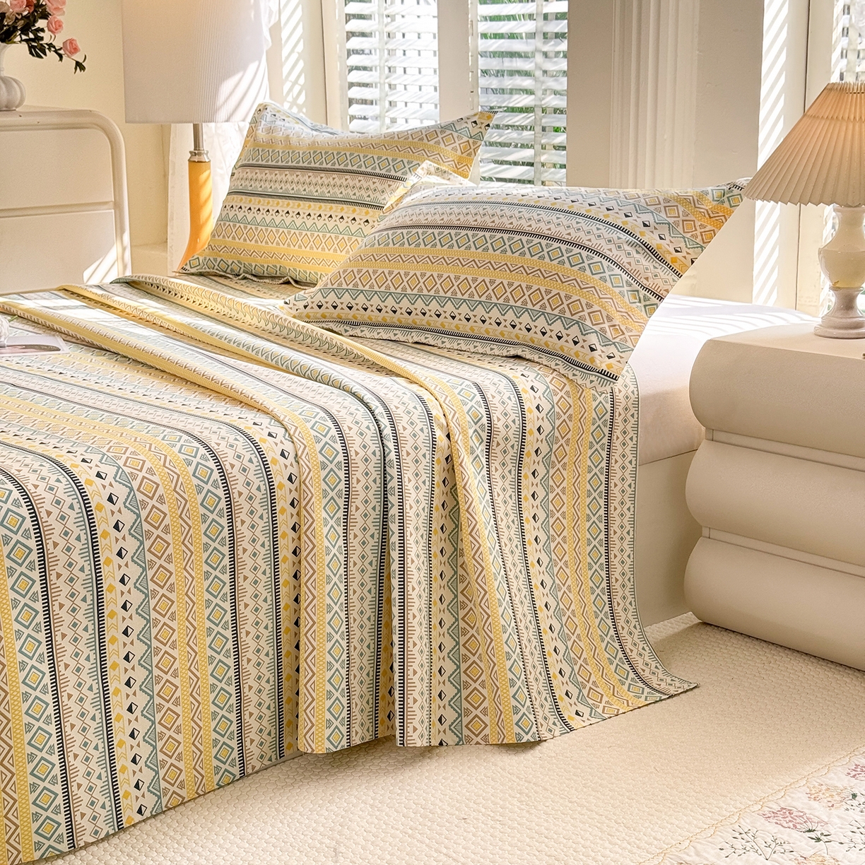 91家纺网 家纺一手货源 找家纺 木易家居 2026新款原棉老粗布床单凉席三件套 梦影